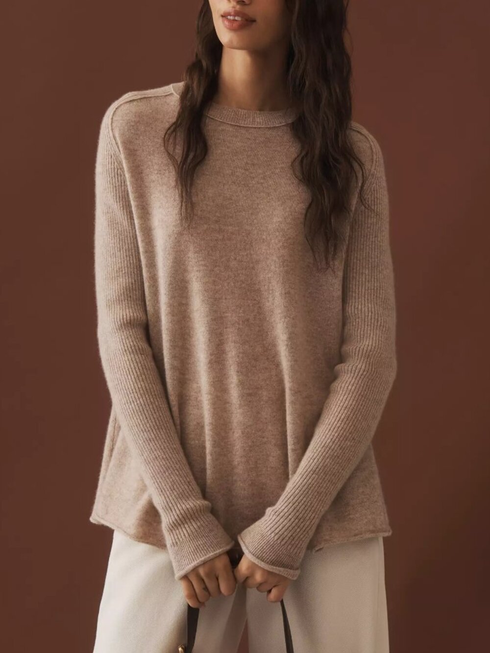 Anthropologie Maeve Crew-Neck Cashmere Swing Sweater Beige XS